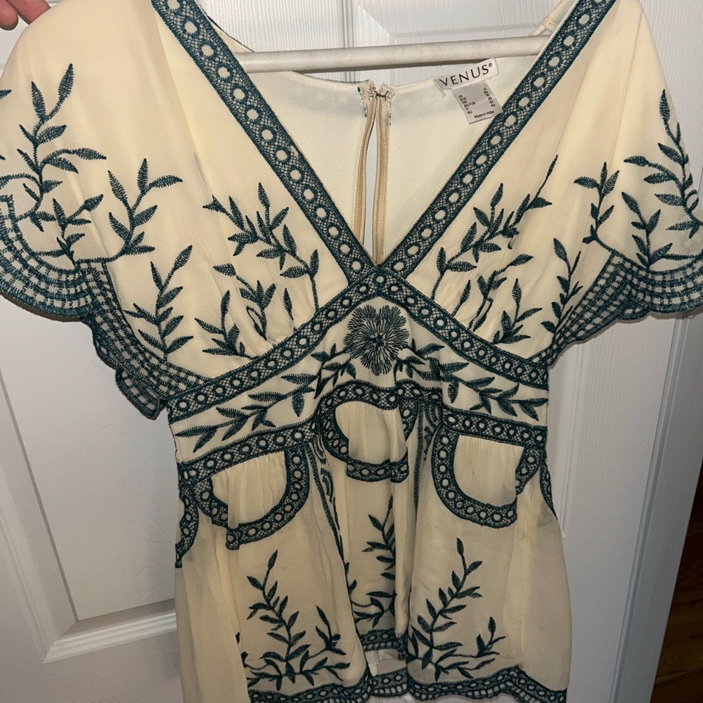 VENUS Cream and Green Embroidered Top